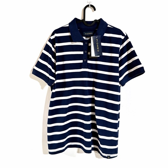 PIOMBO Organic Cotton Piquet Polo Shirt With Stripes In Navy Blue Size XL NEW - Picture 2 of 14